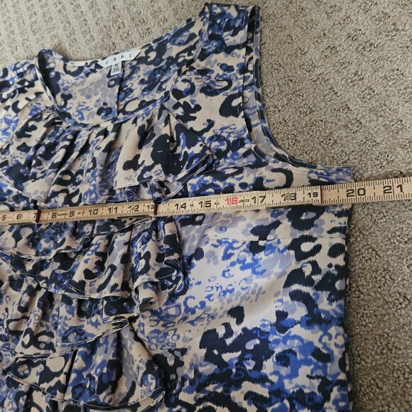 CAbi 100% Silk Top Women's SZ Medium Ruffles Tan/Blue Animal Print Office Party - Picture 7 of 8